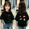 Camiseta de manga comprida para meninas, estilosa e moderna, algodão puro, top para o início do outono, casual estilo coreano, falsa peça dupla, camiseta infantil de desenho animado