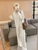 Chaqueta Suéter Holgada Perezosa con Cremallera y Solapa Tejida Pantalones Anchos Traje Casual de Dos Piezas para Mujer Otoño e Invierno