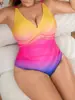 Nuevo traje de baño de una pieza talla grande estilo europeo y americano para mujer, cuello en V degradado, fruncido y plisado, disimula la grasa corporal, talla grande, adecuado para aguas termales y vacaciones en la playa