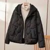 Jaqueta Acolchoada de Algodão com Capuz Malha Falsa Estilo Europeu para Mulheres, Novo Casaco Puffer Curto Solto Espesso para o Inverno