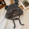 Gorro Lei Feng japonés con orejas de oso para mujer, otoño e invierno, lindo, para niña, tejido con forro polar, de felpa, para esquí, de lana, a la moda