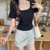 Camiseta de Verano para Mujer Nueva Estilo, Cuello Cuadrado, Corte Ajustado, Manga Corta, Estampado de Cangrejo de Cinco Puntas, Dobladillo Irregular, Dulce Picante, Puro Deseo, Comercio Exterior Ins