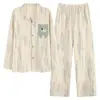 Ropa de Casa Pura de Algodón para Mujer, 100% Algodón, Se Puede Usar Afuera, Atuendo de Pareja, Cárdigan, Solapa, Pijama de Dibujos Animados, Conjunto de Dos Piezas