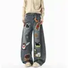 Toalha Bordada de Desenho Animado Americano Jeans Denim Masculino Primavera Outono Marca Tendência Design Calças de Perna Larga Largas Versáteis Comprimento Total