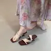 ¡Estilo retro de chica caliente con bloques de color! Sandalias de cuña de gamuza de una tira con punta cuadrada para mujer, sandalias de tacón alto de punta abierta versión coreana de verano