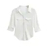 Camisa de Manga Meia-Manga com Gola Lapela de Botão Único com Dois Bolsos no Estilo Hot Girl, Novo Top Casual de Verão Slim Fit com Barra Curva