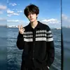 Suéter Cardigan Masculino Cinza Claro com Padrão Diamante Outono Retrô Americano Jaqueta Fair Isle Modelagem Solta Estilo Old Money Tricô