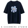 Suéter de Caxemira com Bordado de Flores Luxuoso Outono Inverno Camiseta Solta Gola Redonda Manga Curta Tricô Camada Base Tricô