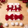 Presilha de cabelo com laço de pompom vermelho flocado de Natal transfronteiriça, presilha de cabelo e acessório de cabelo festivo de Ano Novo para crianças
