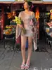 Bestseller de ropa para mujer transfronteriza estilo europeo y americano: estampado de leopardo, cuello asimétrico, manga larga, falda corta, vestido ajustado sexy para vacaciones