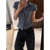 Camisa Xadrez Azul de Manga Curta para Mulheres Verão 2025 Nova Camisa de Cintura Fina Top Francês Único e Bonito