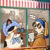 Creativas calcomanías de dibujos animados para puertas de vidrio, populares en cafés de moda y tiendas de té de burbujas, para decoración y exhibición de ventanas, con pinturas famosas, y sirviendo como letreros de bienvenida para la tienda