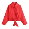 Chaqueta corta de comercio exterior transfronteriza para primavera y otoño, color rojo, con solapa, cordón y lazo, estilo casual, para mujer, con dobladillo holgado