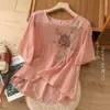 Camisa de Manga Corta de Algodón y Lino Artística Retro Original Japonesa para Exportación Talla Grande Holgada Top Bordado de Algodón y Lino