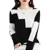 Suéter Pulôver Tricotado 100% Lã Gola Redonda Estilo Coreano Cor Sólida Blocos de Cor Intársia Slim-fit Slim-fit para o Trabalho Outono Novo