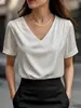 Camiseta de Satén de Manga Corta con Cuello en V para Mujer, Nueva Colección Primavera/Verano 2026 Europea y Americana, Top de Color Sólido de Moda y Elegante, Ropa para Mujer Transfronteriza en Stock