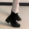 Design Moderno Botas Elegantes de Camadas com Laço Emagrecedoras 2026 Botas Meia Patchwork Mary Jane Botas de Salto Grosso Emagrecedoras para Tornozelo Femininas