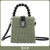 Bolsa de Ombro de Ráfia com Alça de Corda e Contas de Madeira Fofas, Bolsa de Palha Tecida Estilo Verão Praia Floresta, Fecho de Metal, Bolsa de Ombro Tecida
