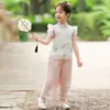 Hanfu Feminino Verão 2025 Novo Infantil Novo Estilo Chinês Estilo Nacional Camisa de Manga Voadora Calça Larga Leve Conjunto de Duas Peças