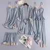 Pijama Sexy Feminino Primavera e Outono Fino Seda de Gelo Alça Longa Camisola Camisola Camisola Conjunto de Cinco Peças com Bojo Roupa Externa