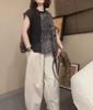 25330 Damei Ai Yuan Verão 2025 Novo Conjunto Casual Patchwork Top Amplo Calça Wide-Leg Estilosa