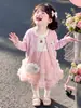 Conjunto de falda de pastel de malla patchwork estilo coreano para niñas, vestido cárdigan de punto para niños, conjunto de dos piezas de primavera y otoño para bebé niña