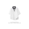 Camiseta de Manga Corta Estilo Americano Falso Dos Piezas Cuadros Patchwork Cuello Polo para Hombre, Top de Solapa Estilo Universitario de Verano