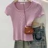 Top de punto coreano fresco y sedoso, de cuello redondo, tejido de ochos, de manga corta para mujer, top liso de color sólido, corte ajustado, para verano