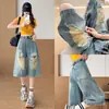 Jeans Feminino Cropped Rasgado de Perna Larga, Estilo Verão Fino, Novo Modelo 2026, Emagrecedor Moda High Street, Calça Reta com Design Tendência
