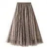 Vestido Midi de Tul a Cuadros para Mujer Moda Cintura Alta Línea A Falda Plisada de Varios Niveles