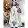 Jeans Retrô Americano com Estampa de Urso Plus Size para Mulheres, Calças de Cintura Alta Soltas Retas de Perna Larga Comprimento Total para Figuras Curvilíneas