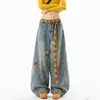 Pantalones vaqueros de pierna recta ancha para mujer, estilo caricatura americana divertida bordados con toalla, corte holgado, lavados y desgastados, diseño único