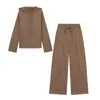 Comercio Electrónico Transfronterizo Nuevo Estilo Conjunto de Dos Piezas de Punto con Capucha y Cordón para Mujer Top Holgado de Manga Raglán Pantalones Largos de Pierna Ancha Conjunto Casual