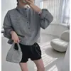 En stock coreano chic nuevo estilo casual con botones cuello mao cordón en la espalda sudadera con letras chaqueta casual holgada mujer