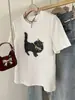 Camiseta de Algodão Puro com Estampa de Gato de Manga Curta para Mulheres, Novo Estilo Verão 2026, Corte Solto, Emagrecedor, Estilo Coreano, Top Versátil, Tendência