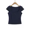 Camiseta de punto de manga corta estilo callejero americano con cuello en U grande para mujer, top corto ajustado de verano