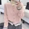 Chaqueta cárdigan con ribete de encaje para mujer, top de punto de nicho, gris talla única, blanco roto