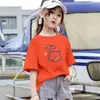 2046# Nova Camiseta de Manga Curta Primavera e Verão Meninas Algodão Solta Coreana Versátil Desenho Animado Estampado Meia-manga Top Tendência