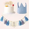 Set de Cumpleaños Número 1 Transfronterizo con Sombrero de Tela Plisada de Algodón, Bandera para Trona, Tarjeta Insertable para Sombrero con Flor de Borla de Cuentas de Madera Ins