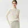 Cuello semibierto, cuello alto, suéter de cachemir para mujer, tejido de canalé vertical, manga larga, capa base ajustada, suéter de cuello semi-alto