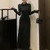 Vestido Camisa Vintage Estilo Francés con Cuello Polo y Mangas Abotonadas, Vestido Largo Bodycon Adelgazante de Manga Larga Ajustado a la Cintura para Mujer