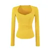 Top Básico de Manga Larga Adelgazante con Cuello en U Grande Estilo Puro Deseo para Mujer Primavera y Otoño Chica Picante Cintura Fruncida Elástica Camiseta