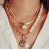 Joyería Transfronteriza Europea y Americana, Elegantes Accesorios de Cadena de Perlas para Mujer, Collar de Corazón Calado Geométrico de Doble Capa de Perlas