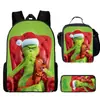 Mochila Escolar Infantil Monstruo de Pelo Verde Grinch Mochila para Estudiante de Primaria Bolsa de Comida Estuche para Lápices Mochila de Tres Piezas Venta al por Mayor Transfronteriza