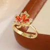Anillo de Hoja de Arce con Circonita Roja de Nuevo Estilo Transfronterizo para Mujer, Lujo Ligero, Dulce y Único, Gama Alta, Exquisito, Anillo Abierto Versátil