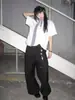 Camiseta com Gola Falsa Pesada Patchwork Xadrez Preto Manga Curta Design de Verão Estilo Americano Par Meia Manga Tendência