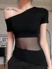 Camiseta Sexy Americana de Malla con Empalme de Manga Corta Verano Estilo Francés Nuevo Deseo Puro Slim Hombro Descubierto Top Corto para Mujer