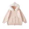 Ry25257-25 Nuevo Estilo de Invierno Estilo Perezoso Americano Cardigan con Cremallera con Capucha y Cuello de Piel Bolsillo de Solapa Pantalones Tejido