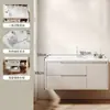 Set de Gabinete de Baño Sencillo de Madera Maciza Multicapa con Lavabo de Cerámica Integrado, Gabinete de Espejo Inteligente Multifuncional y Espejo