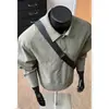 Camisa polo de gasa de burbujas con cuello, camiseta de manga larga para hombre, marca de moda de otoño, top base suelto casual negro